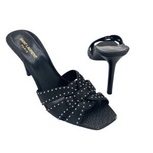 Saint Laurent Tribute Studded Braid Leather High Heel Mule Sandals Black Size 41